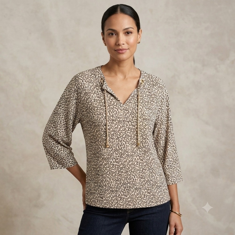 Chicos Womens Size 2 (Large) Cheetah Print Blouse Top Gold Grommet Tie V Neck